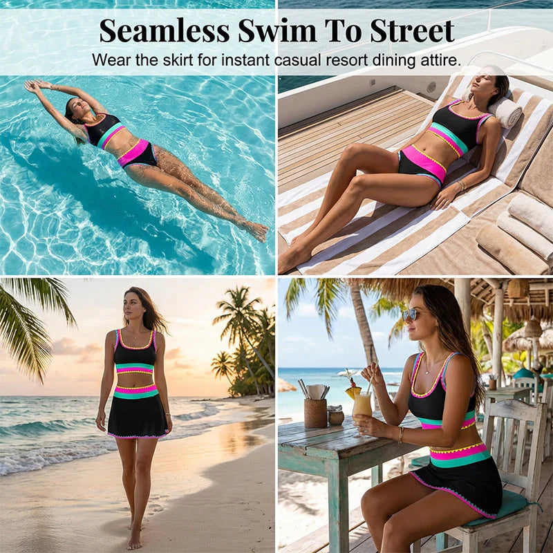 👙🌊 3-piece women's bikini set – High waist, color block & zigzag design for beach & vacation
