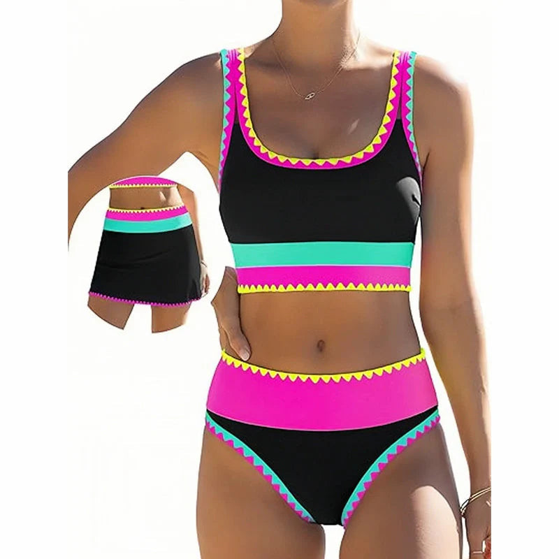 👙🌊 3-piece women's bikini set – High waist, color block & zigzag design for beach & vacation