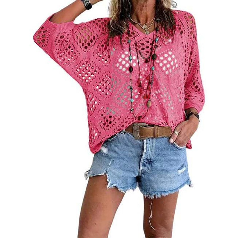 🌿 V-neck shirt with open-knit hem