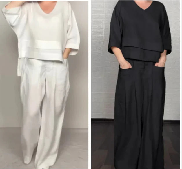 💎 2-Piece Cotton-Linen Set with Irregular Hem – V-Neck Top + Wide-Leg Pants: Breathable & Effortlessly Stylish 🍂👚