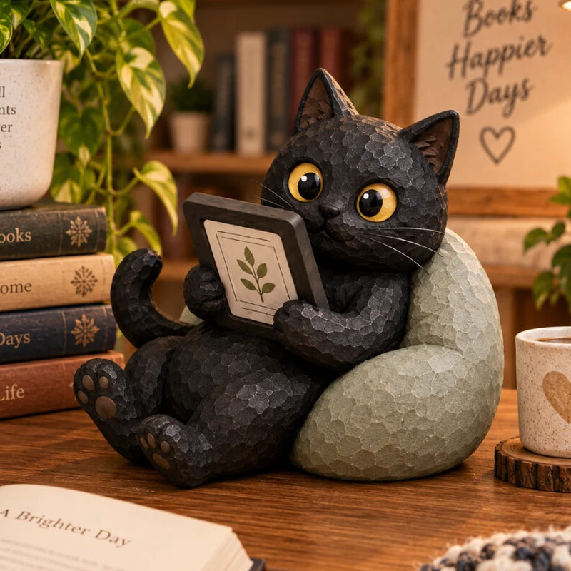 Reading Cat Figurine