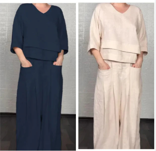 💎 2-Piece Cotton-Linen Set with Irregular Hem – V-Neck Top + Wide-Leg Pants: Breathable & Effortlessly Stylish 🍂👚