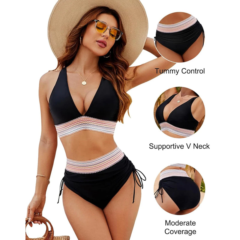 High-waisted tummy control bikini set in color-blocked colors