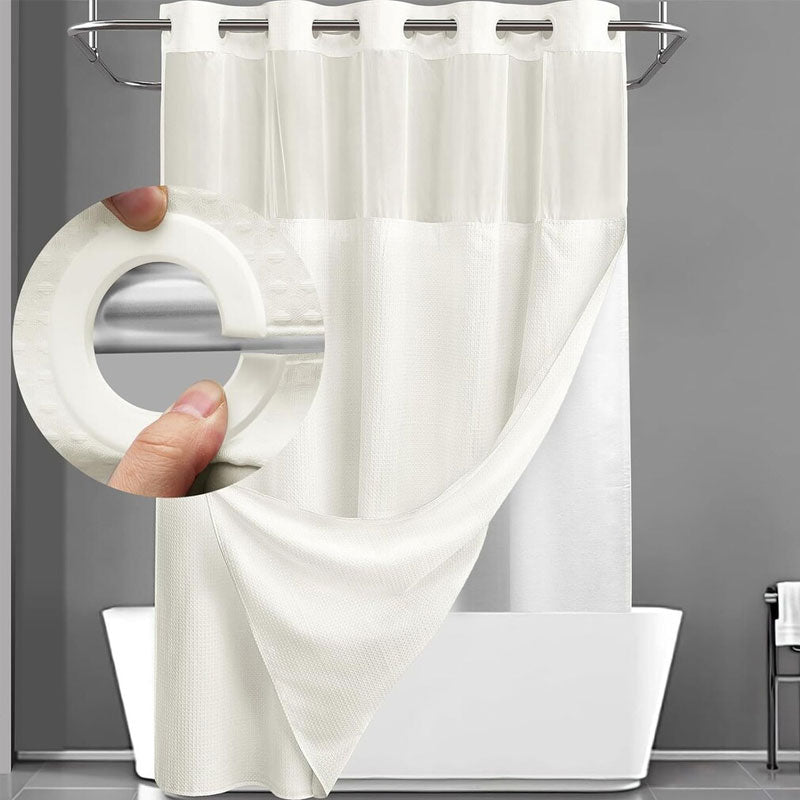 🚿 LIMITED-TIME 50% OFF! ✨ Waffle Pattern Shower Curtain – Double Waterproof, Snap Buttons, Clear Top Window 🛁