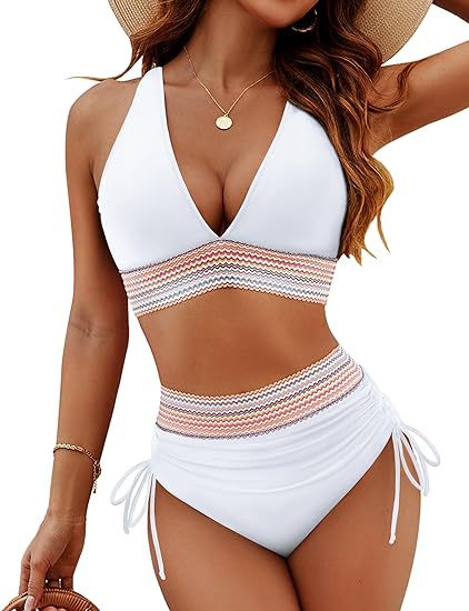 High-waisted tummy control bikini set in color-blocked colors
