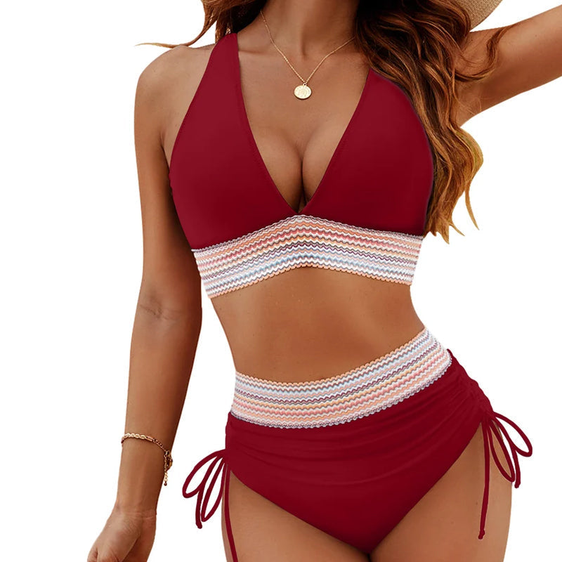 High-waisted tummy control bikini set in color-blocked colors