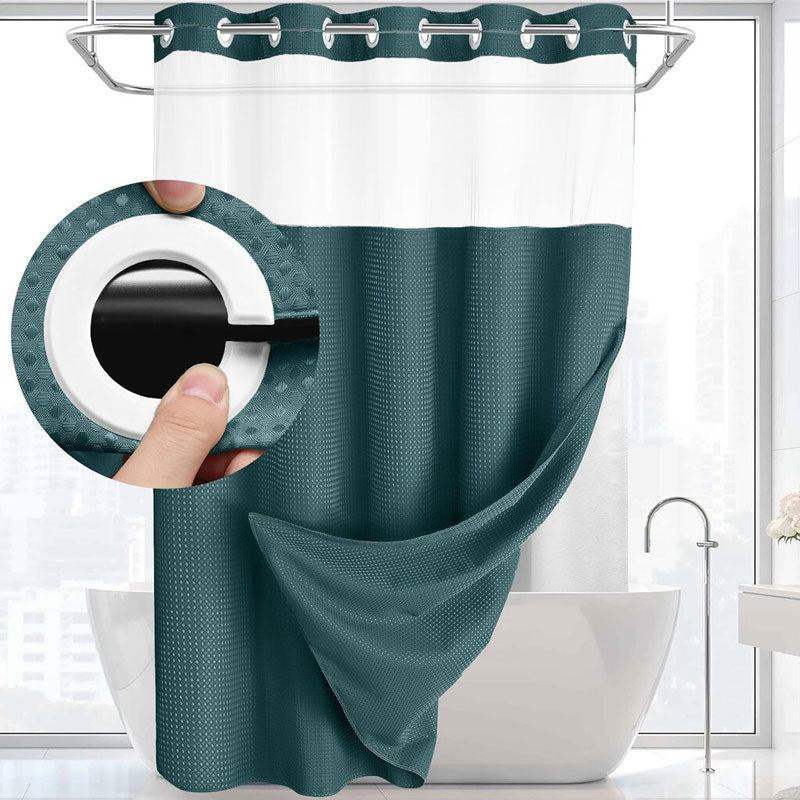 🚿 LIMITED-TIME 50% OFF! ✨ Waffle Pattern Shower Curtain – Double Waterproof, Snap Buttons, Clear Top Window 🛁
