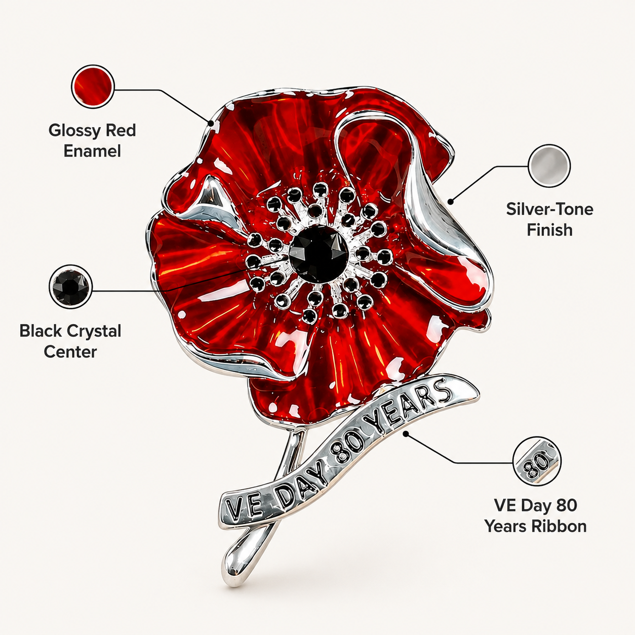 🕊️🌺 80 Years of Freedom — VE Day Anniversary Poppy Brooch