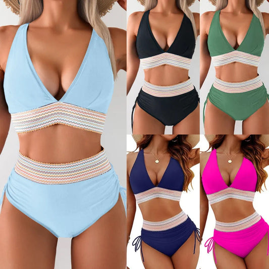 High-waisted tummy control bikini set in color-blocked colors