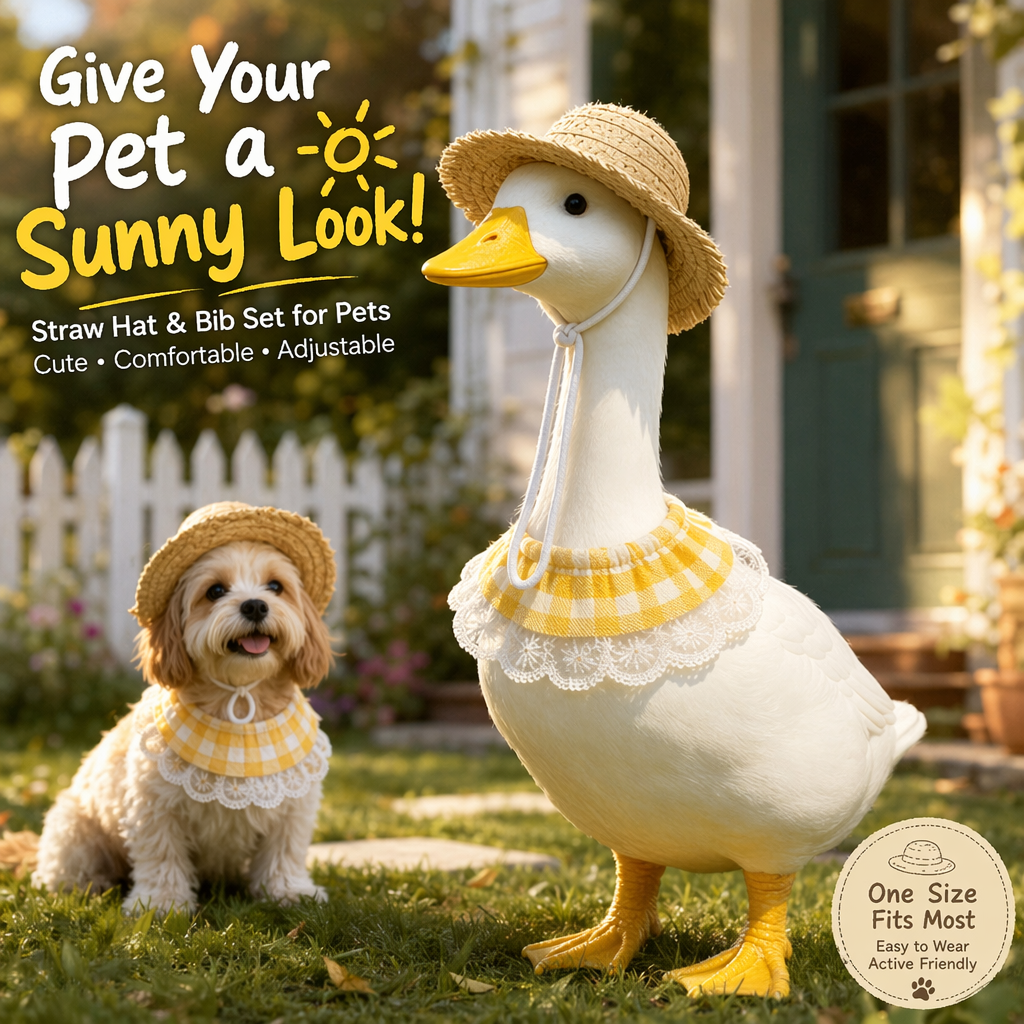 Charming Porch Goose & Pet Costume Set: Straw Hat & Gingham Lace Bib