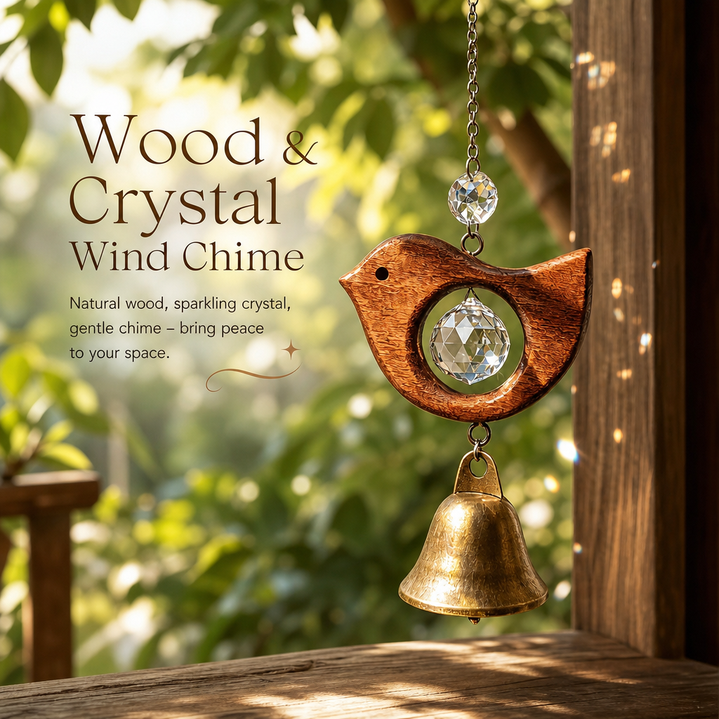 Rustic Wooden Sun Catcher Wind Chime with Crystal Prism & Vintage Bells