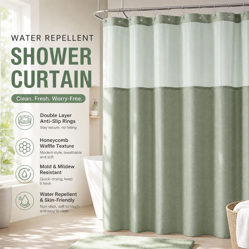 🚿 LIMITED-TIME 50% OFF! ✨ Waffle Pattern Shower Curtain – Double Waterproof, Snap Buttons, Clear Top Window 🛁