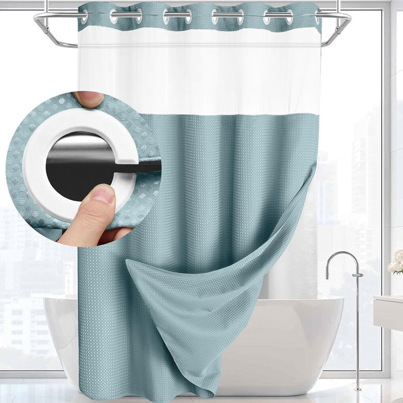 🚿 LIMITED-TIME 50% OFF! ✨ Waffle Pattern Shower Curtain – Double Waterproof, Snap Buttons, Clear Top Window 🛁