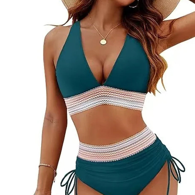High-waisted tummy control bikini set in color-blocked colors
