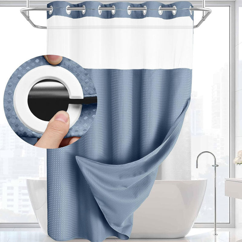 🚿 LIMITED-TIME 50% OFF! ✨ Waffle Pattern Shower Curtain – Double Waterproof, Snap Buttons, Clear Top Window 🛁