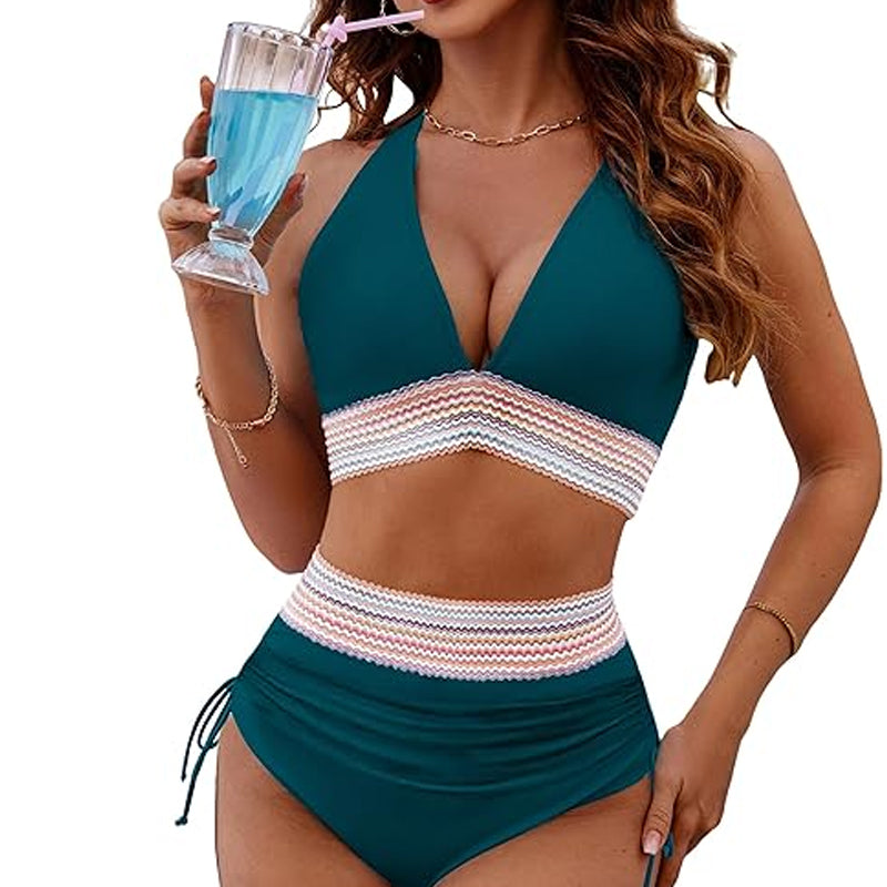 High-waisted tummy control bikini set in color-blocked colors