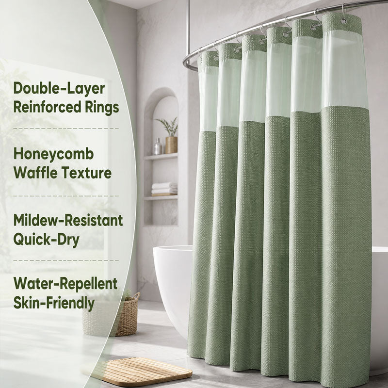🚿 LIMITED-TIME 50% OFF! ✨ Waffle Pattern Shower Curtain – Double Waterproof, Snap Buttons, Clear Top Window 🛁