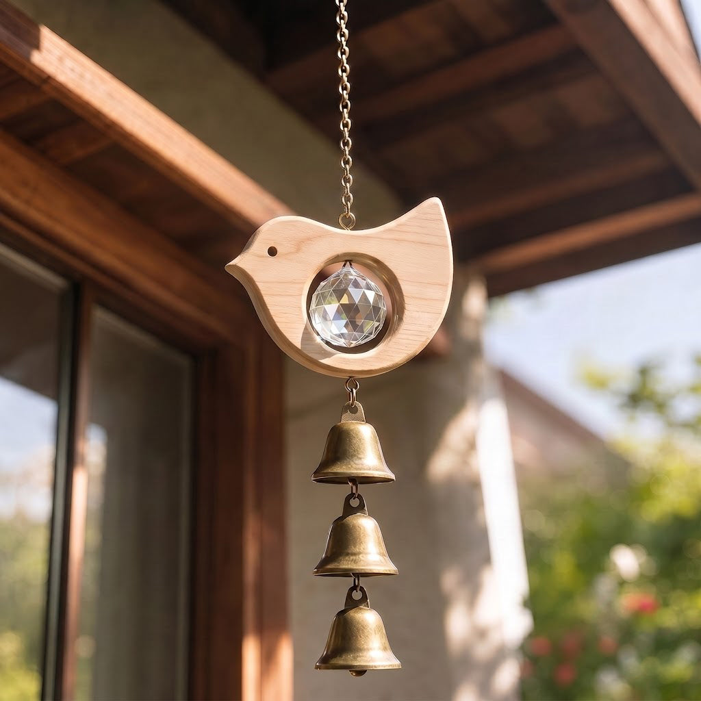 Rustic Wooden Sun Catcher Wind Chime with Crystal Prism & Vintage Bells