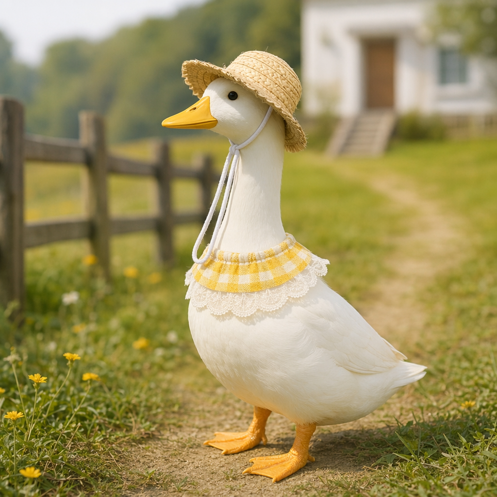 Charming Porch Goose & Pet Costume Set: Straw Hat & Gingham Lace Bib
