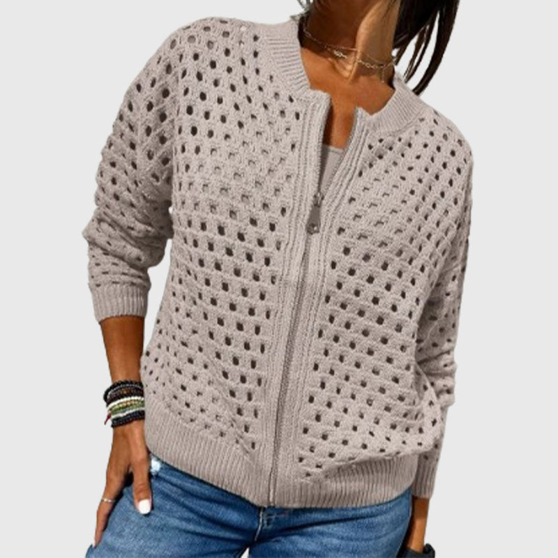 Women's Casual Zipper Knit Jacket with Hollow Design