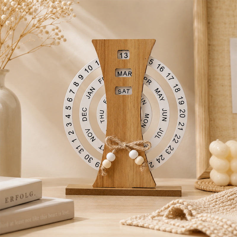 Chic Wooden Perpetual Desk Calendar - Manual Rotating Home & Office Decor