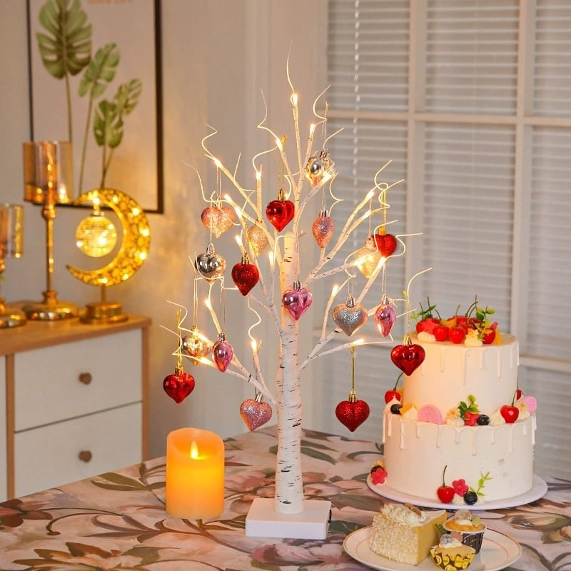 🔥Valentines Day Decor Lighted Birch Tree with Heart Ornaments