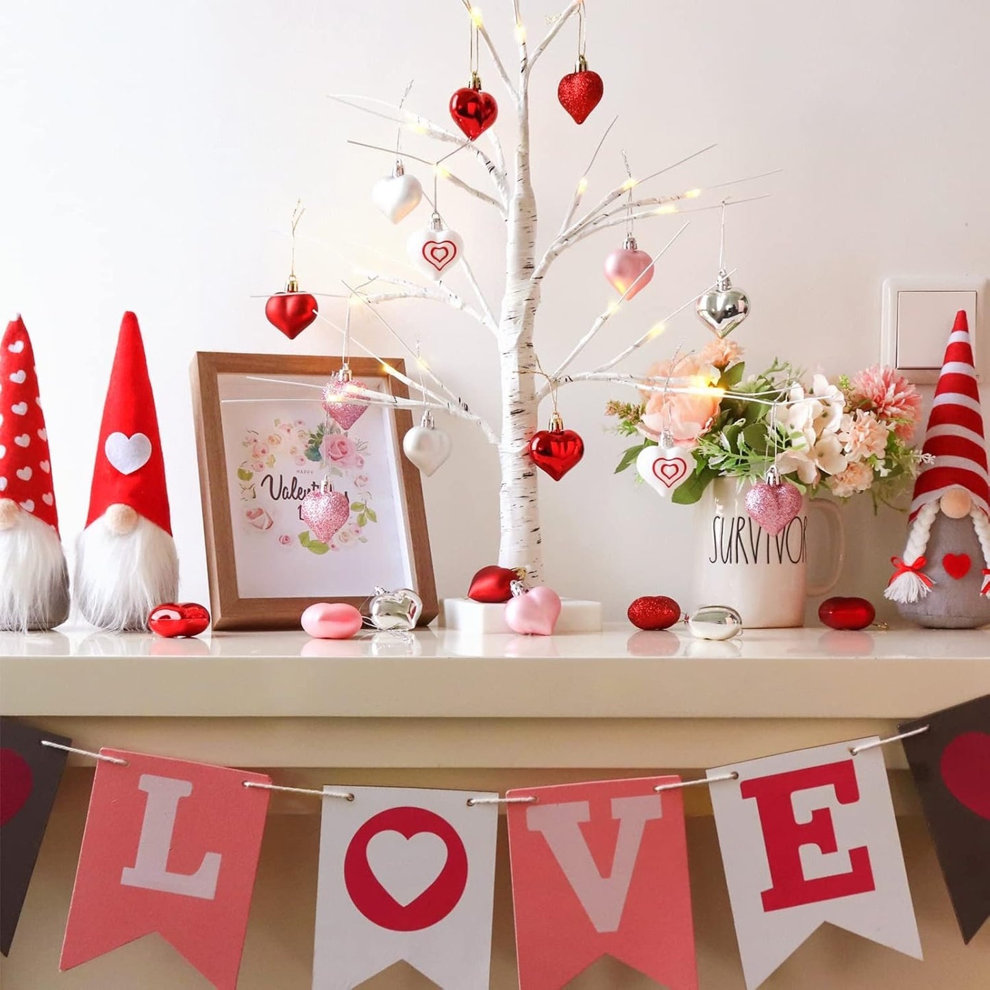 🔥Valentines Day Decor Lighted Birch Tree with Heart Ornaments