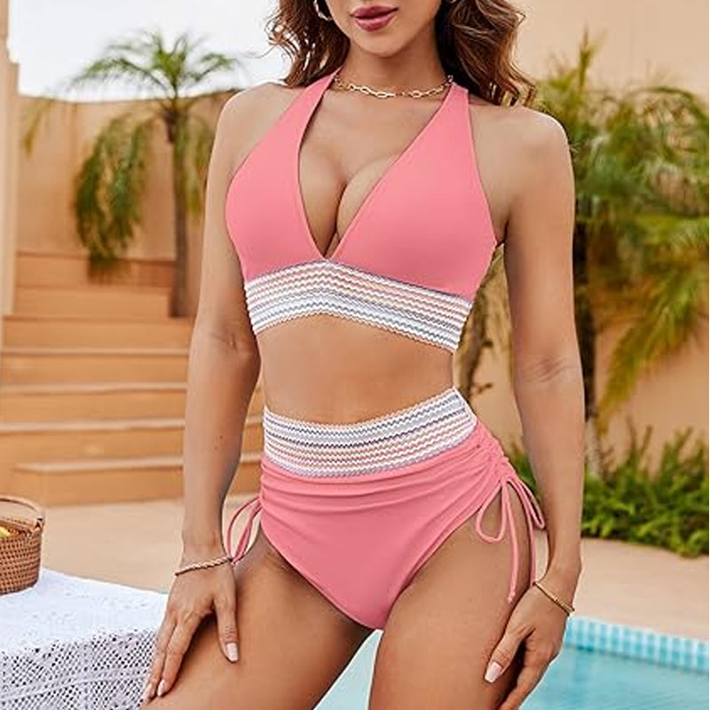 High-waisted tummy control bikini set in color-blocked colors