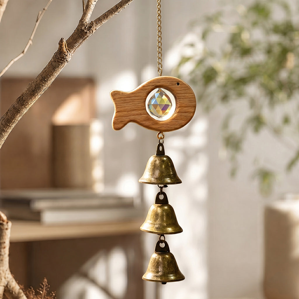 Rustic Wooden Sun Catcher Wind Chime with Crystal Prism & Vintage Bells