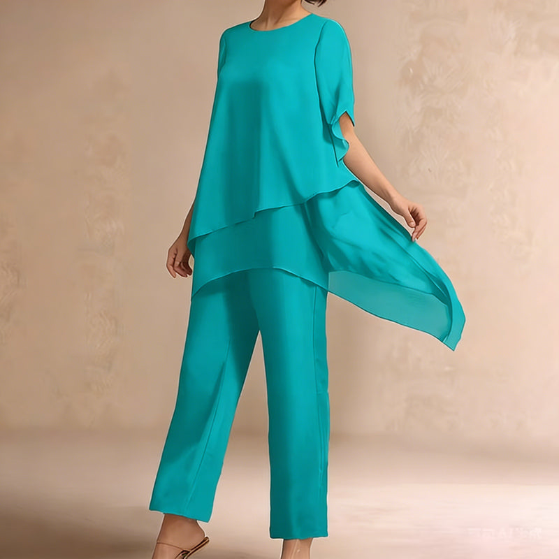 Charming Irregular Top & Wide Leg Pants Set – Asymmetrical Hem, Flowy Double Layer & All-Day Elegance 👗✨
