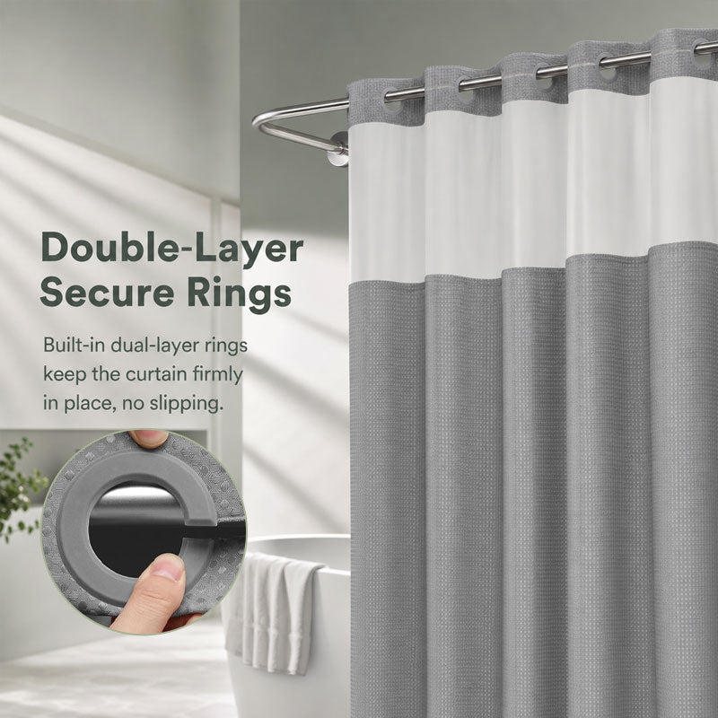 🚿 LIMITED-TIME 50% OFF! ✨ Waffle Pattern Shower Curtain – Double Waterproof, Snap Buttons, Clear Top Window 🛁