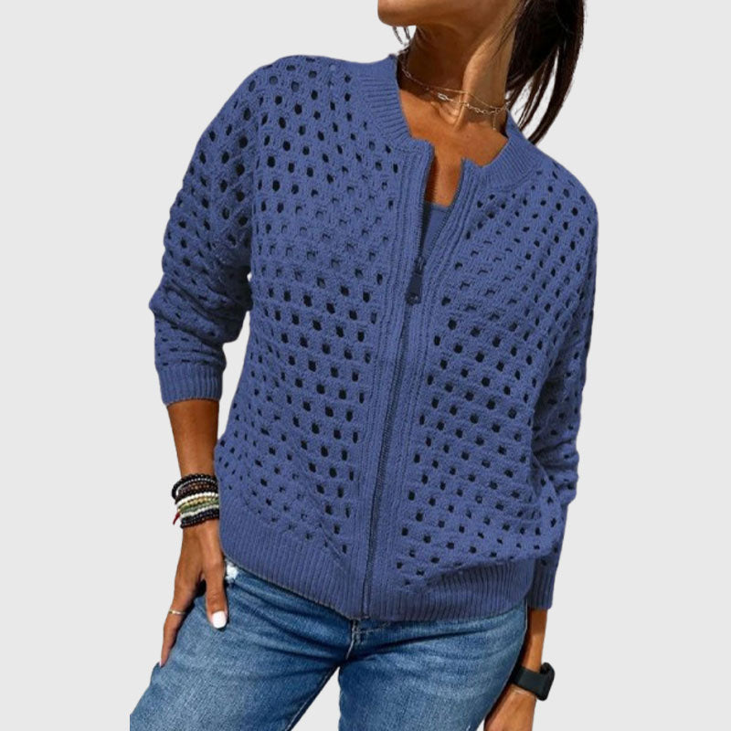 Women's Casual Zipper Knit Jacket with Hollow Design