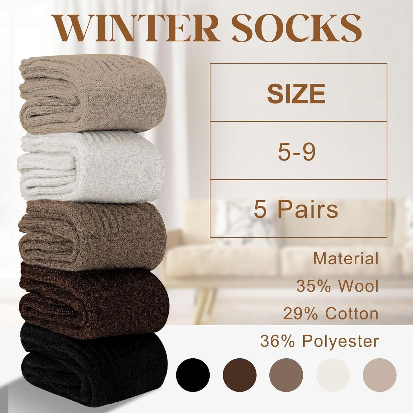 🧦5 pairs of women's wool socks - warm, medium-high socks