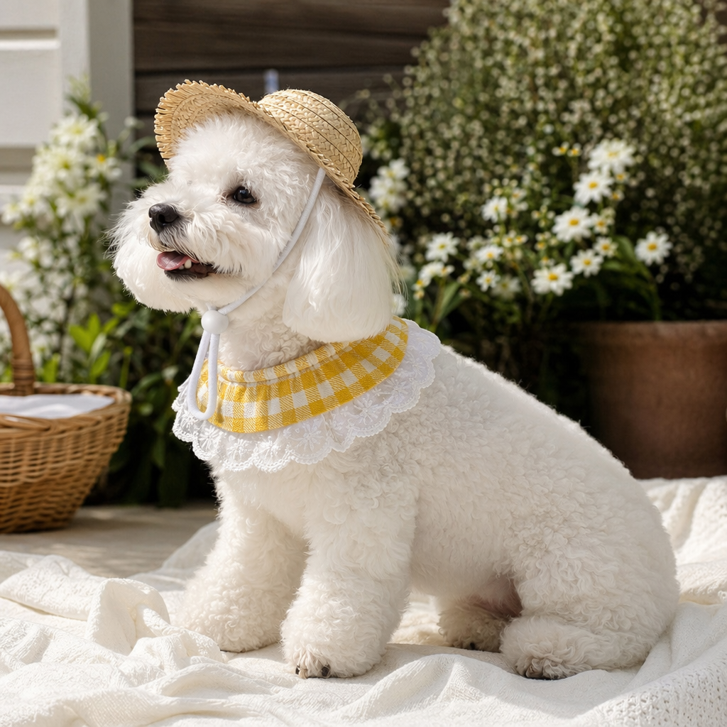 Charming Porch Goose & Pet Costume Set: Straw Hat & Gingham Lace Bib