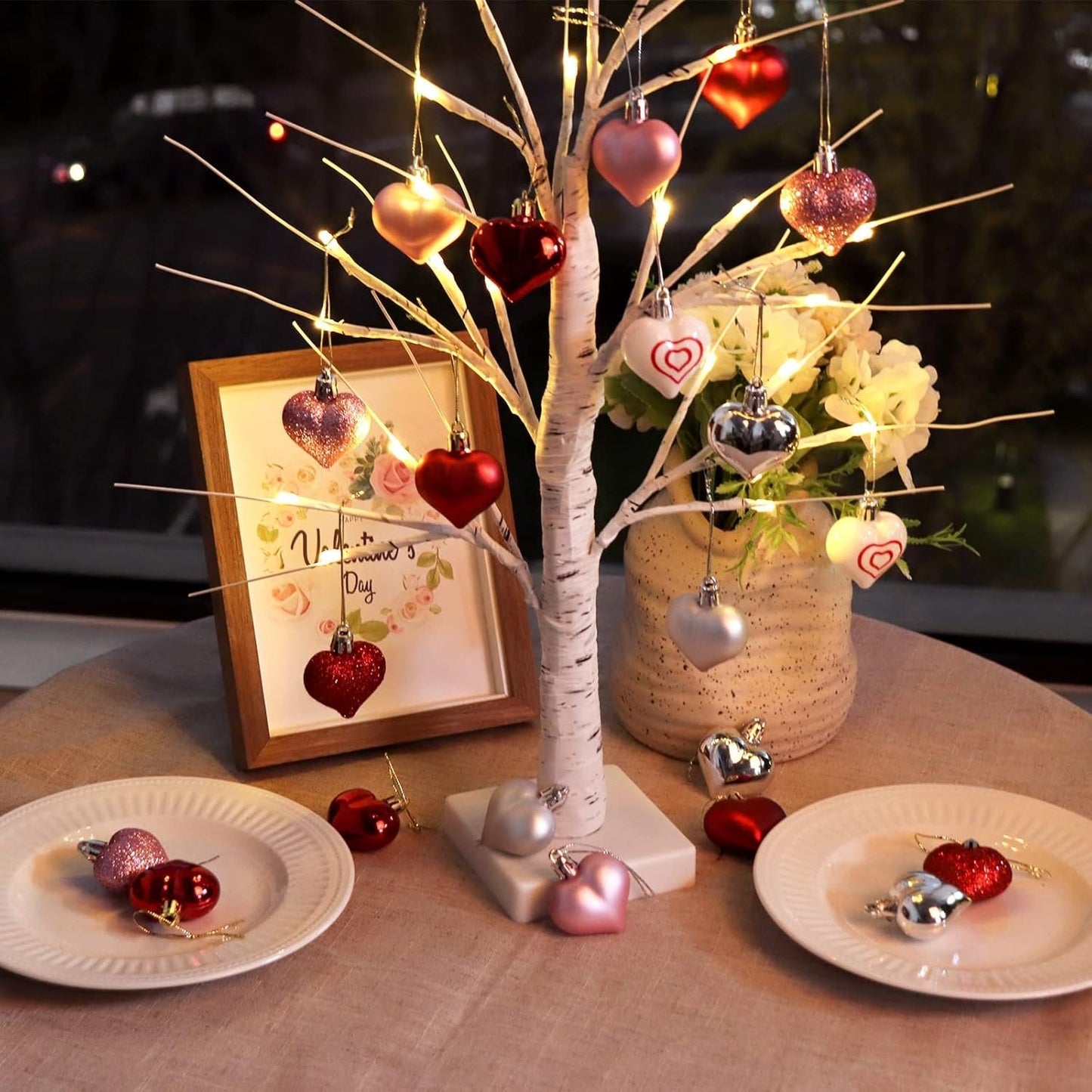 🔥Valentines Day Decor Lighted Birch Tree with Heart Ornaments