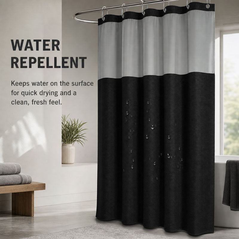 🚿 LIMITED-TIME 50% OFF! ✨ Waffle Pattern Shower Curtain – Double Waterproof, Snap Buttons, Clear Top Window 🛁