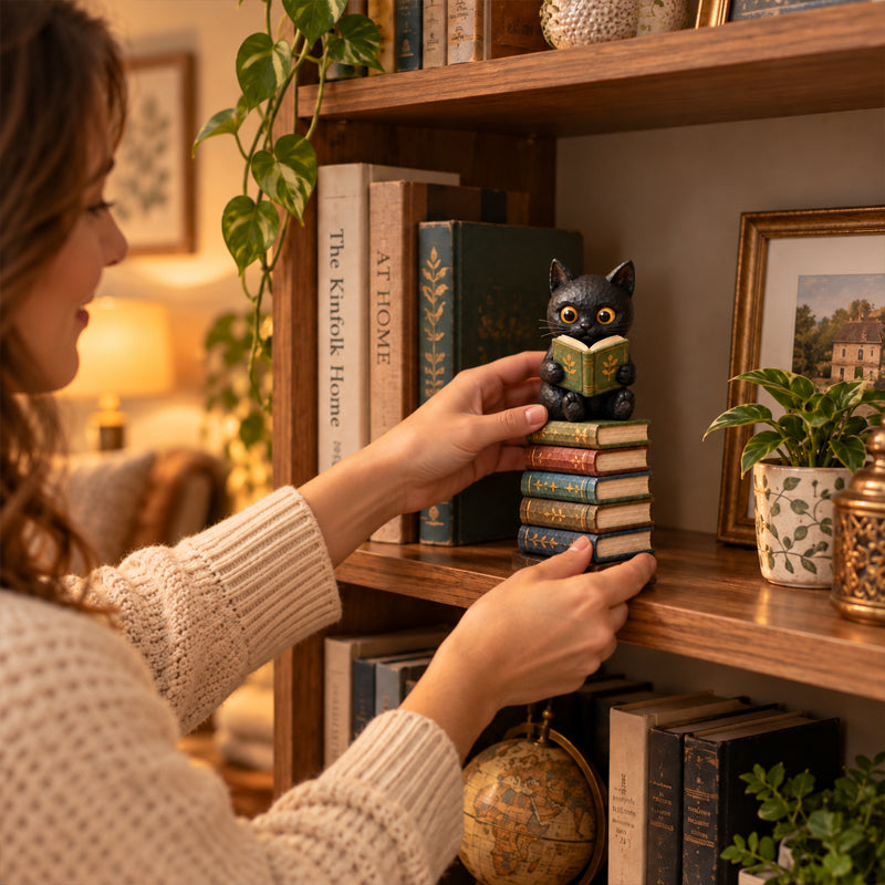 Reading Cat Figurine