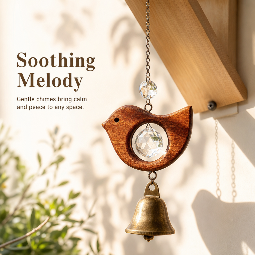 Rustic Wooden Sun Catcher Wind Chime with Crystal Prism & Vintage Bells