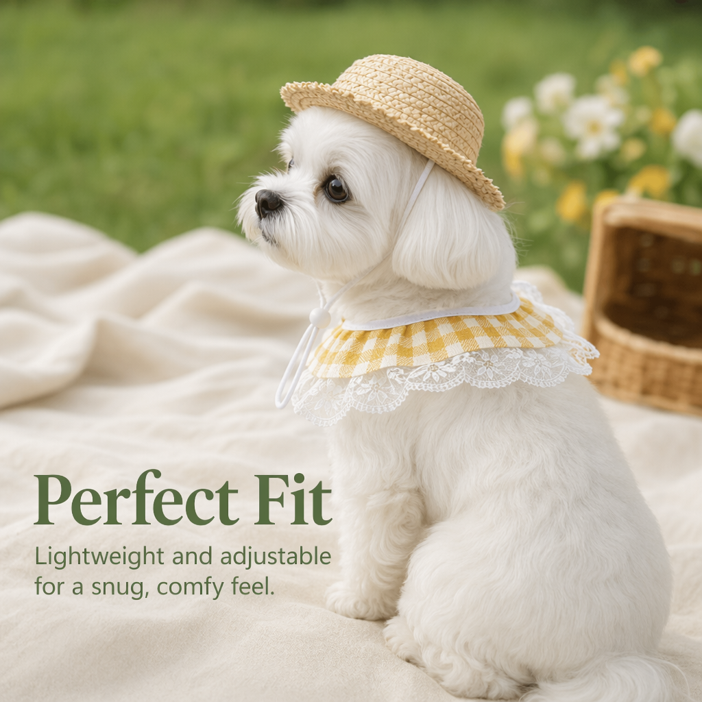 Charming Porch Goose & Pet Costume Set: Straw Hat & Gingham Lace Bib