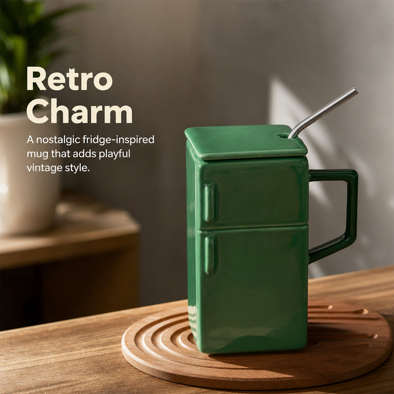Creative Retro Refrigerator Ceramic Mug with Lid and Straw - Funny Office Couple Gift Coffee Mug