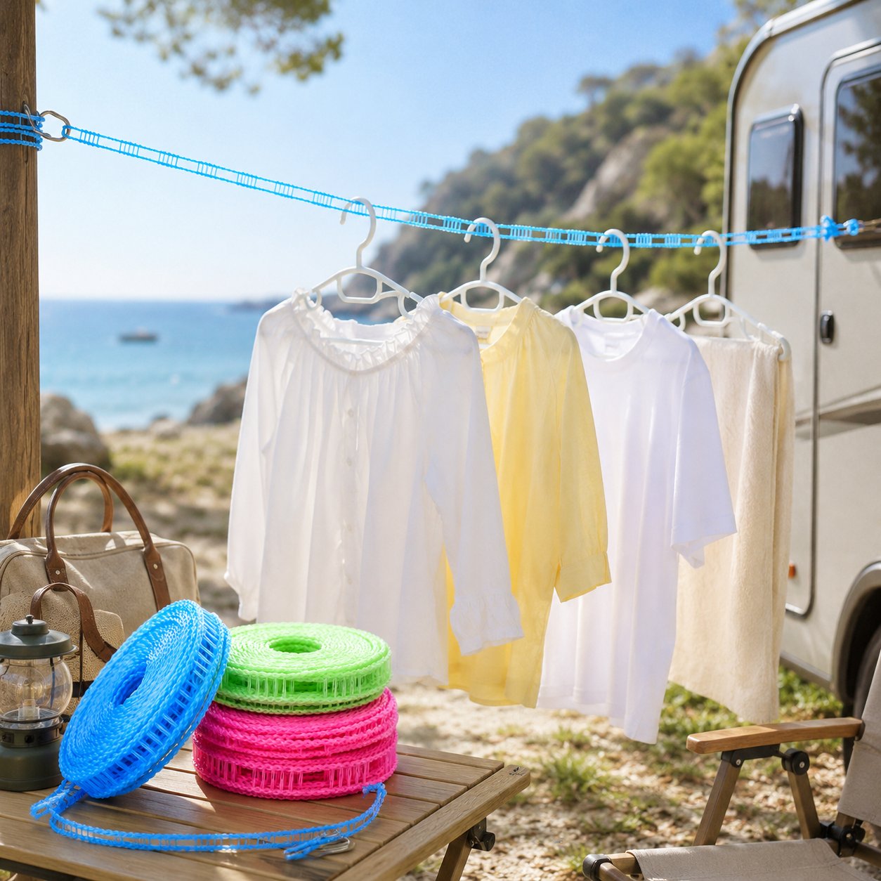 🔥Last Day 50% OFF - Adjustable Windproof Clothesline with Hooks - Portable Heavy Duty Travel Laundry Line for Outdoor, Backyard, Camping & Indoor Drying