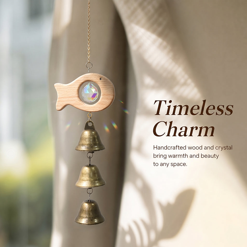 Rustic Wooden Sun Catcher Wind Chime with Crystal Prism & Vintage Bells
