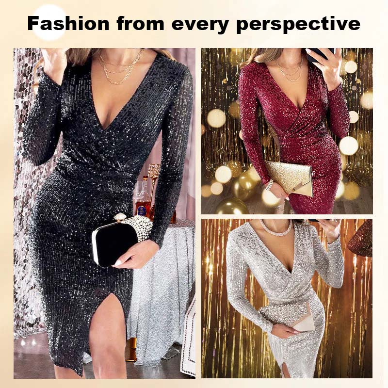 🎅 Christmas Sale 49% Off 🎄Sequin Wrap Dress for Women | Deep V-Neck Long Sleeve Evening Gown