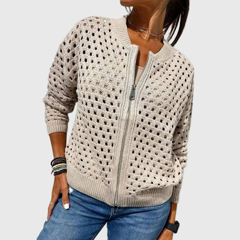 Women's Casual Zipper Knit Jacket with Hollow Design