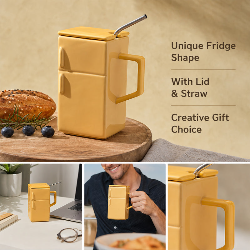 Creative Retro Refrigerator Ceramic Mug with Lid and Straw - Funny Office Couple Gift Coffee Mug