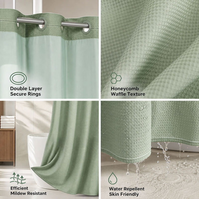 🚿 LIMITED-TIME 50% OFF! ✨ Waffle Pattern Shower Curtain – Double Waterproof, Snap Buttons, Clear Top Window 🛁