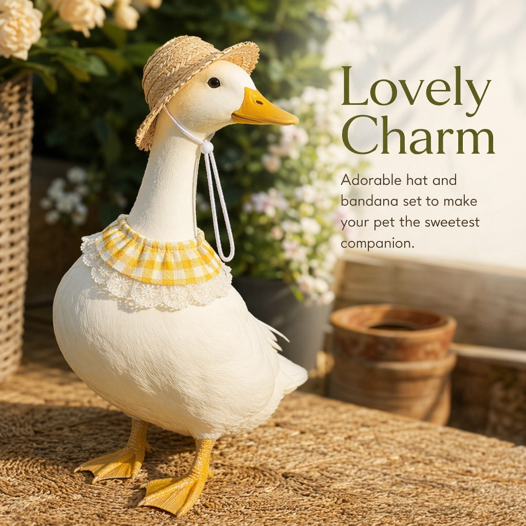 Charming Porch Goose & Pet Costume Set: Straw Hat & Gingham Lace Bib