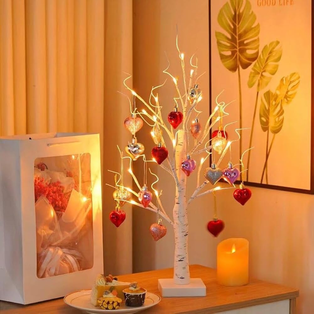 🔥Valentines Day Decor Lighted Birch Tree with Heart Ornaments