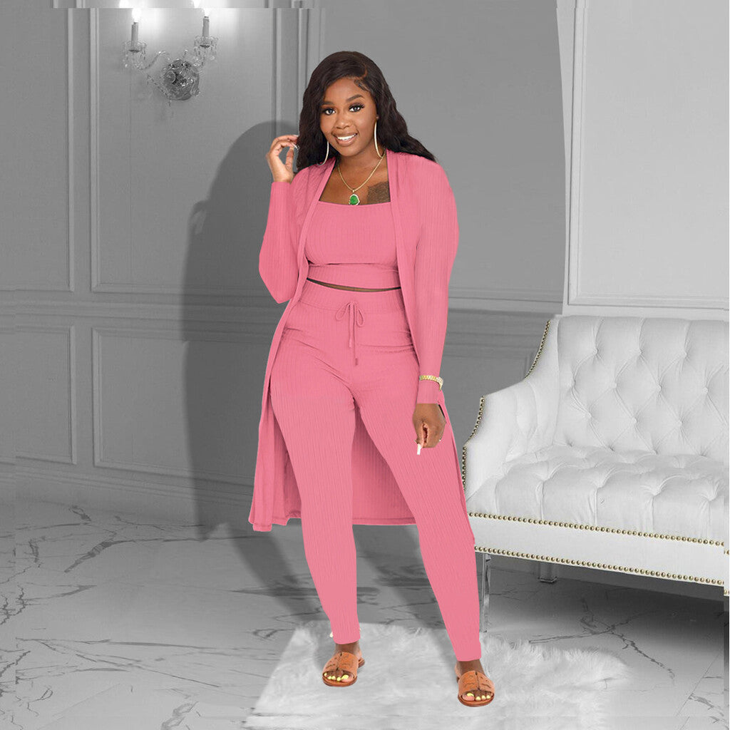 💎 Casual 3-Piece Knit Set – Cropped Top, Long Cardigan & Fitted Pants | Soft, Stretchy & On-Trend 🧶