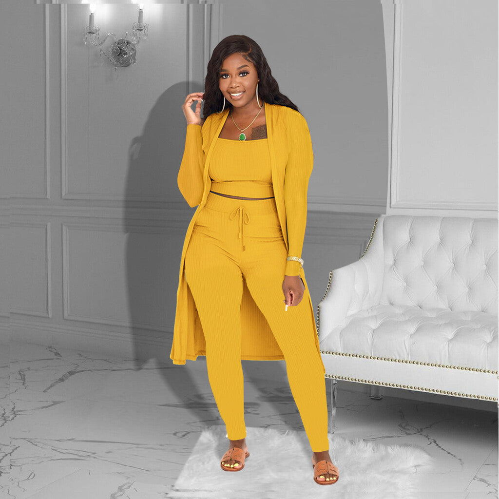 💎 Casual 3-Piece Knit Set – Cropped Top, Long Cardigan & Fitted Pants | Soft, Stretchy & On-Trend 🧶